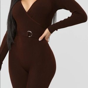 Brown ribbed romper with belt attached